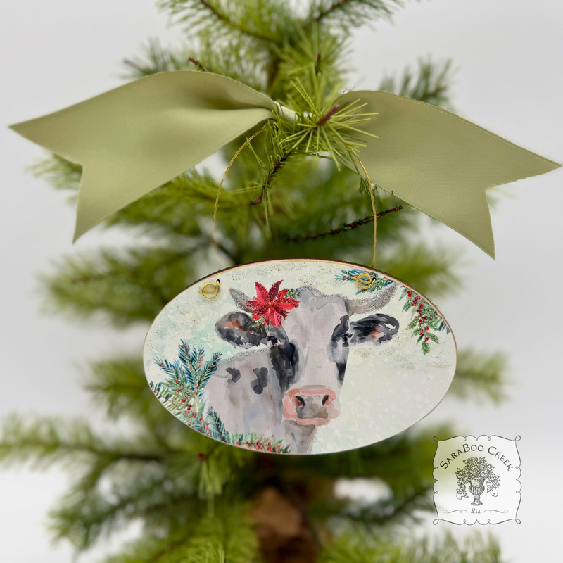 Cow Winter Scene- Holiday Watercolor Wood Ornament