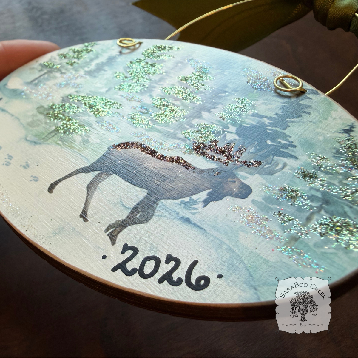 Moose Christmas Ornament, Personalizable Wood Watercolor Winter Scene