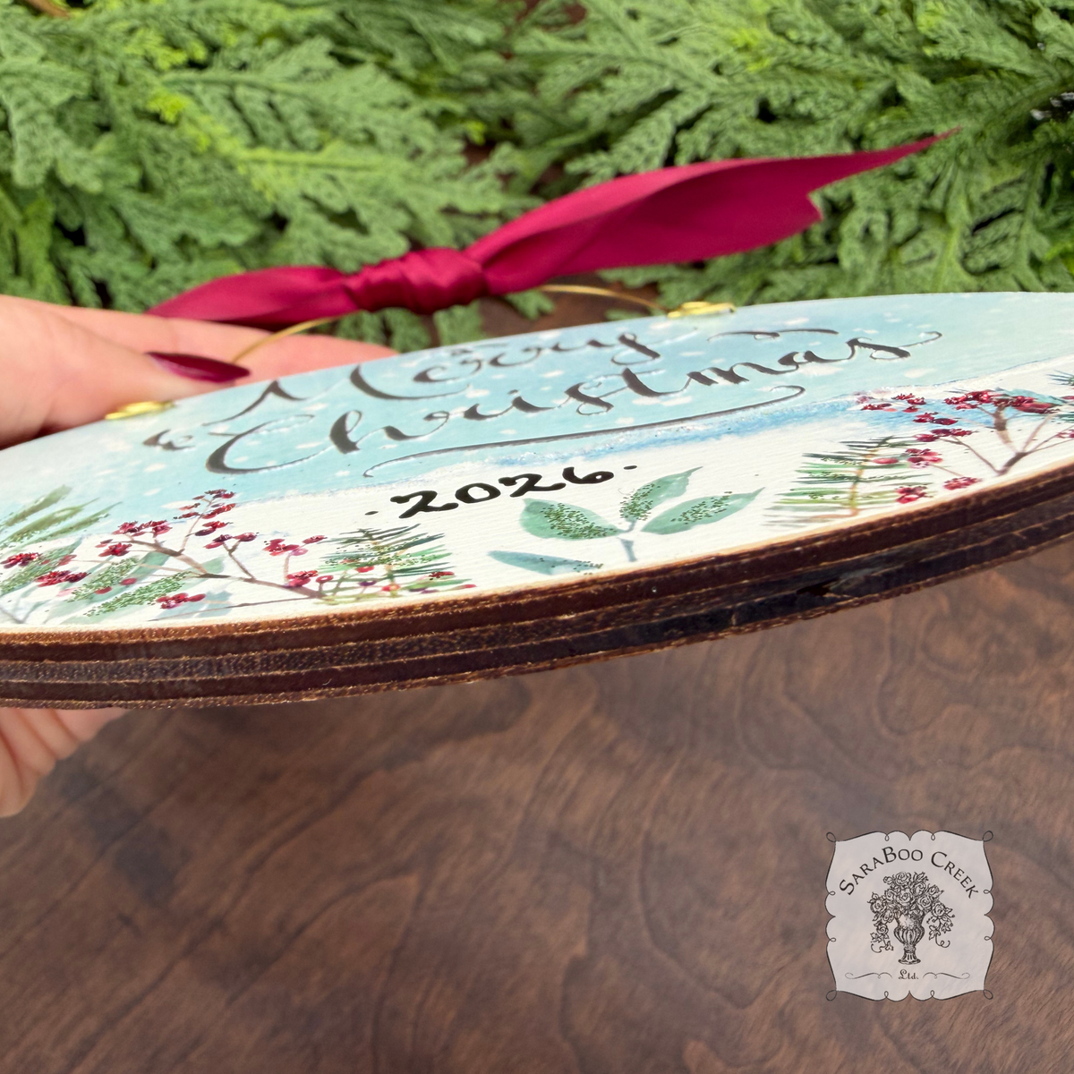 Merry Christmas Ornament - Watercolor Wood Oval Ornament