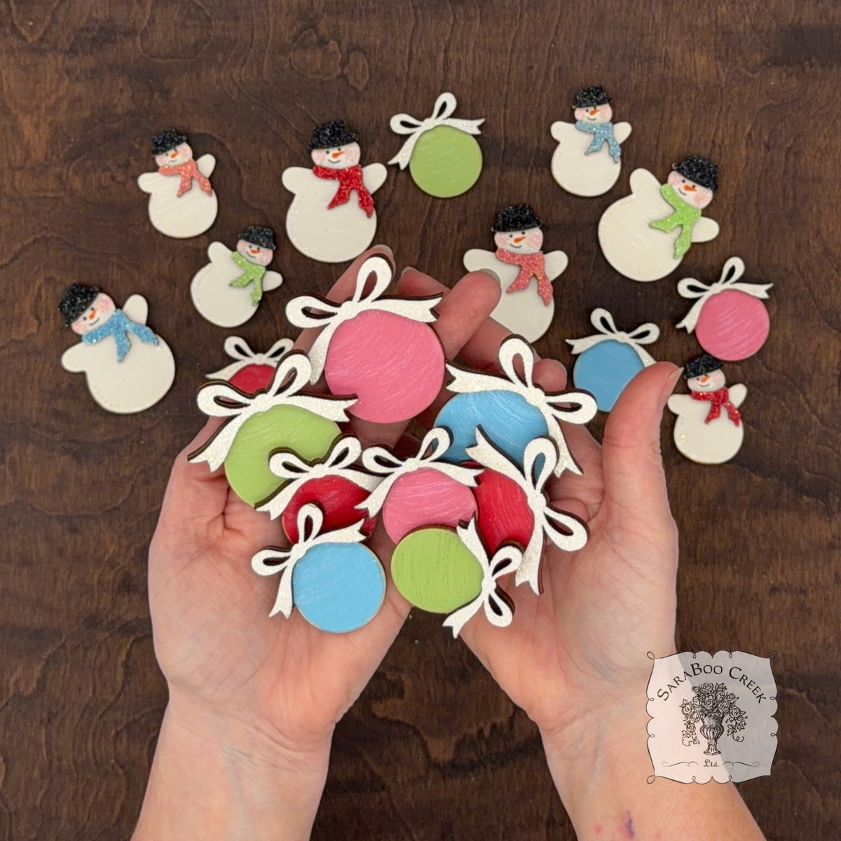 Christmas Wood Shape Pieces - Retro Snowman and Ball Ornament with Bow