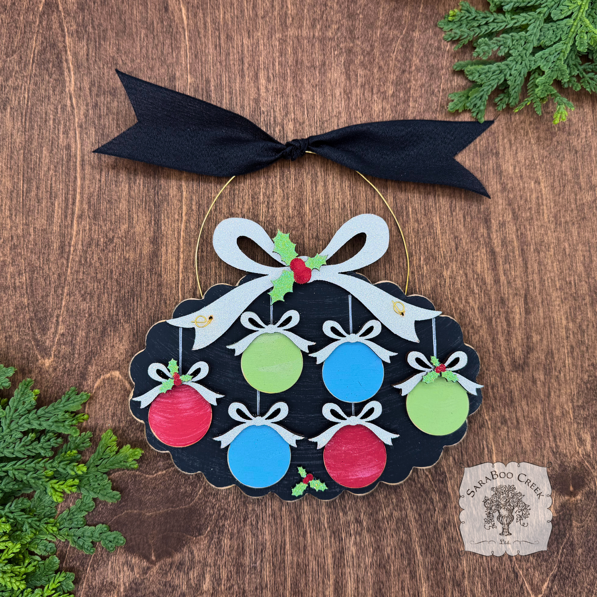 Family, Grandchildren. or Group Personalized Christmas Ornament w/ 2-7 Layered Ball Ornaments topped w/ Wood Bows