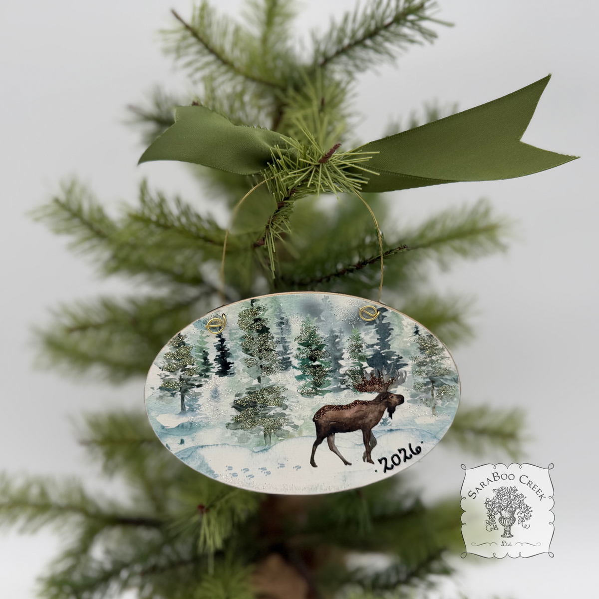 Moose Christmas Ornament, Personalizable Wood Watercolor Winter Scene