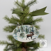 Moose Christmas Ornament, Personalizable Wood Watercolor Winter Scene