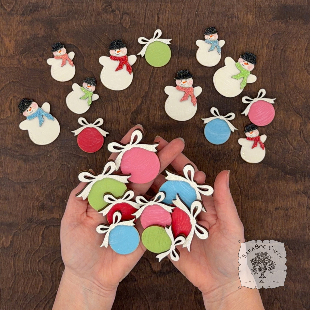 Christmas Wood Shape Pieces - Retro Snowman and Ball Ornament with Bow