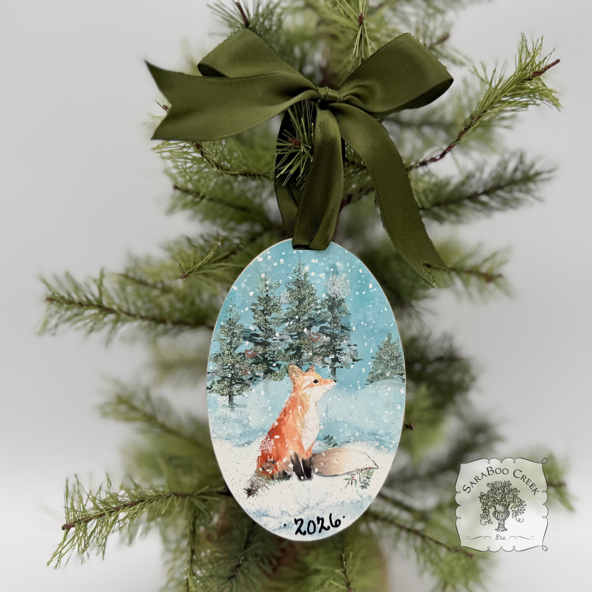 Fox Woodland Winter Scene- Holiday Watercolor Wood Ornament