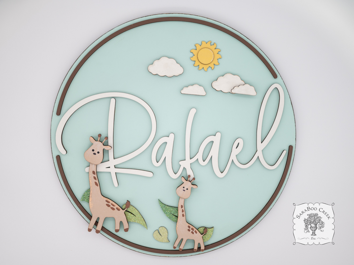Giraffe Custom Name Sign - Handmade Wood Personalized Giraffe Wall Hanger for Baby, Boy or Girls Room