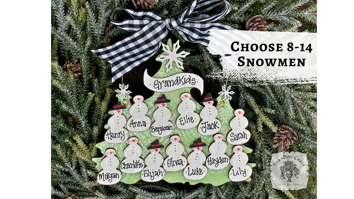 Traditional Snowman Family Tree Ornament (8-14 snowmen) - Personalized Grandparent or Large Family Ornament