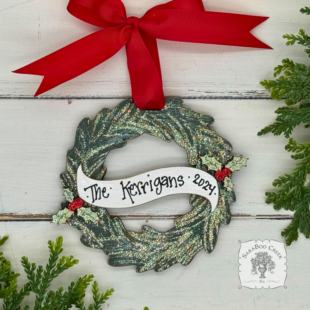 Personalized Christmas Wreath Ornament w/ Holly - Handmade of Wood and Hung with Red Ribbon