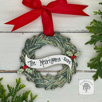 Personalized Christmas Wreath Ornament w/ Holly - Handmade of Wood and Hung with Red Ribbon