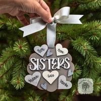 "Sisters" Ornament w/ 2-5 Personalized Hearts - Great Sister Gift