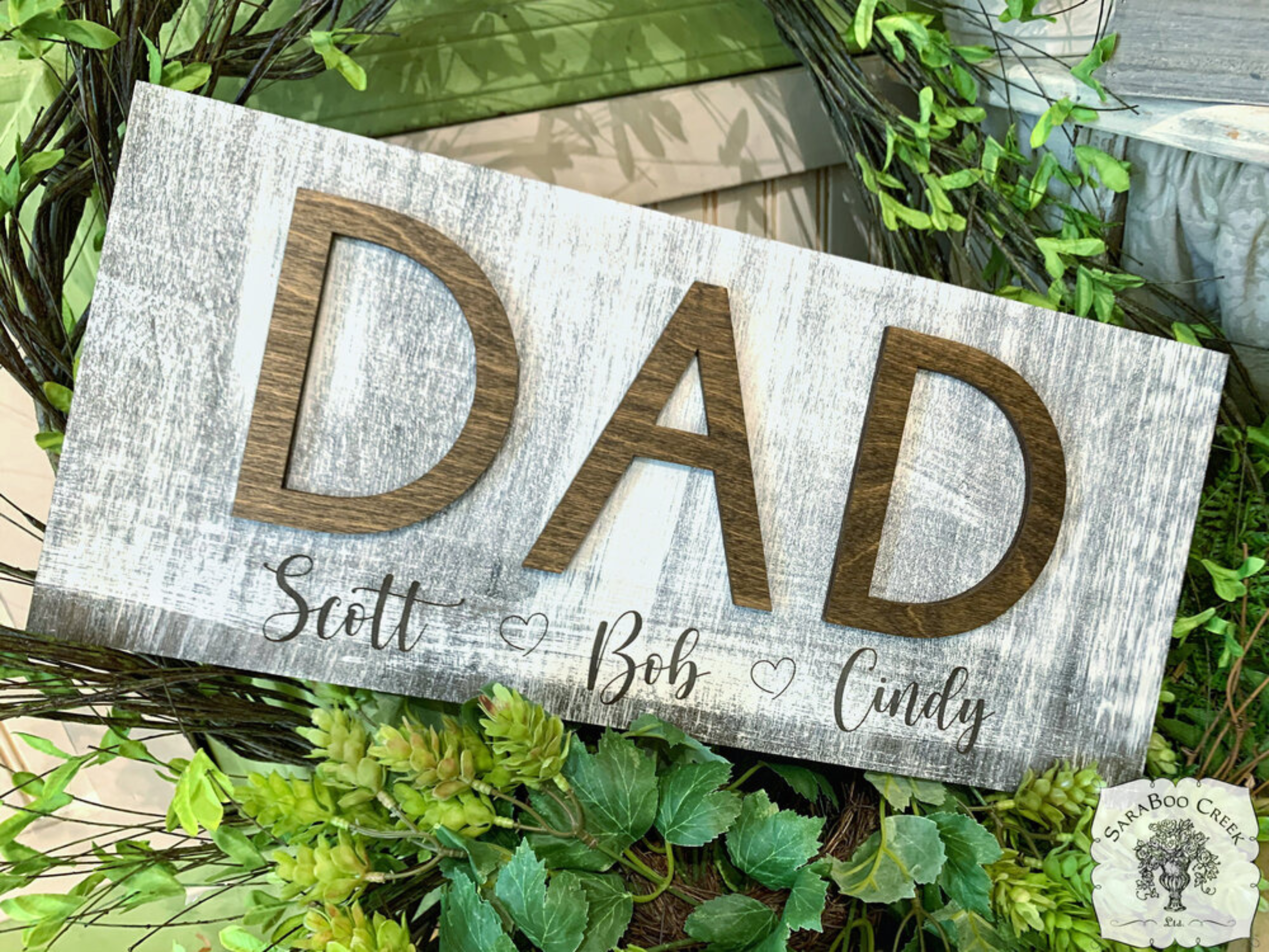 Dad Print Word with Cursive Heart Names Underneath Sign – SaraBoo Creek