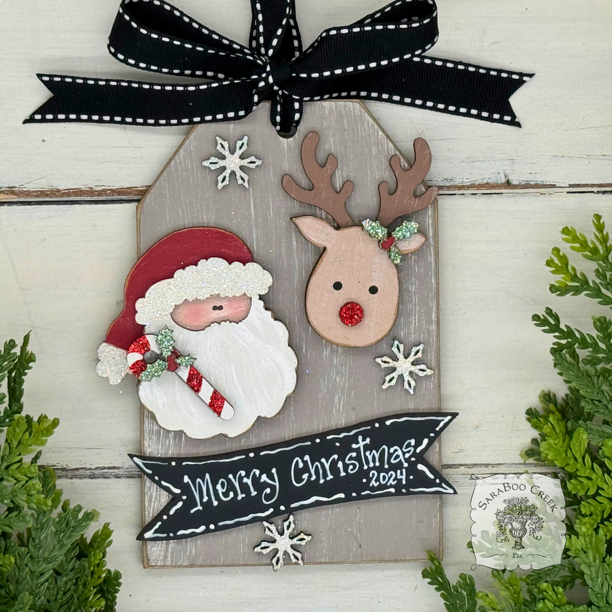 Santa and Reindeer Shipping Tag Ornament