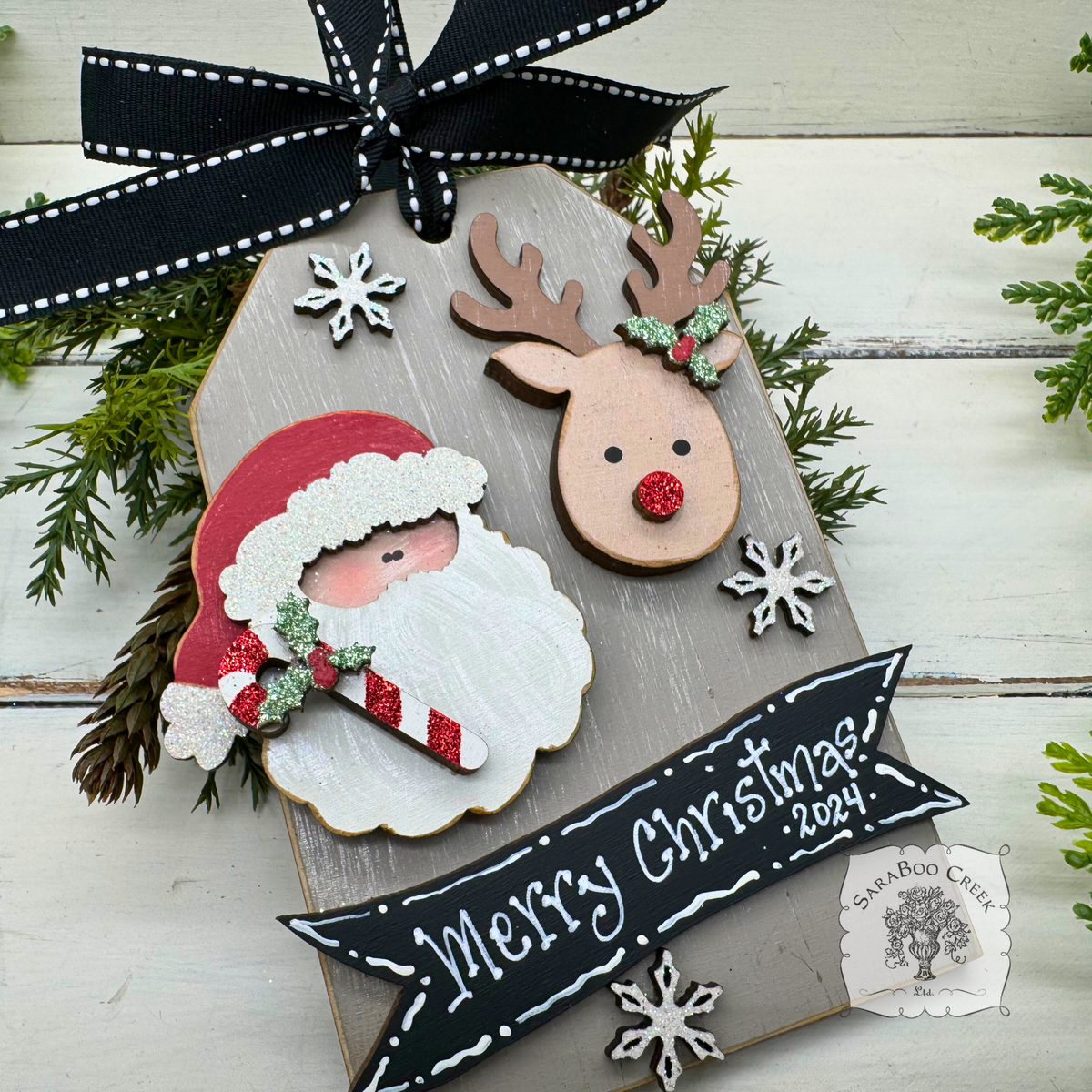 Santa and Reindeer Shipping Tag Ornament
