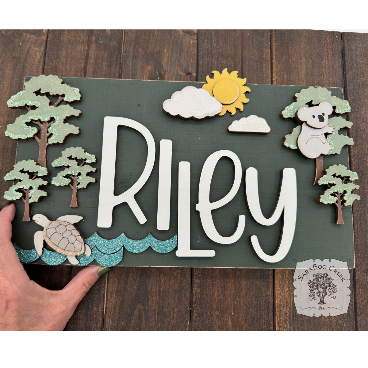 Custom Cut 5 x 15 Rustic Woodland Name Sign with Koala and Turtle