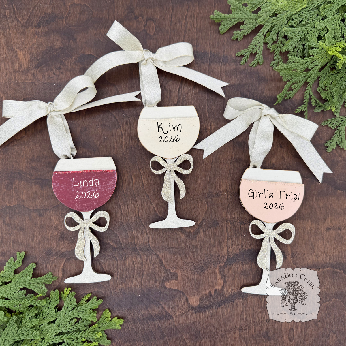 Wine Glass Ornament w/ Bow- Personalized Wine Gift in Red, Blush Rose or White