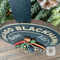 Chicago Blackhawks Logo Ornament - Personalized Hawks Puck w/ Feathers