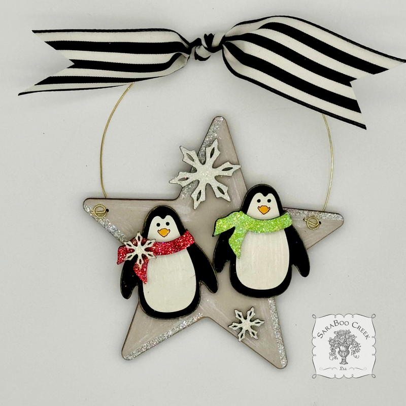 2 Penguins on Star Ornament - Personalized Penguin Pair Christmas Ornament