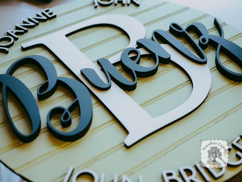 20" Round Family Sign Customized with Initial, Overlapping Family Name, & Add On Names for Family Members