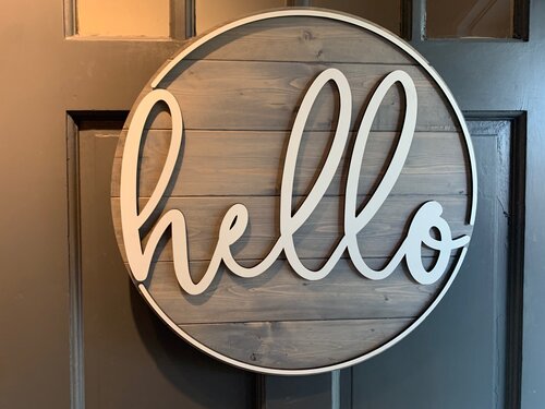 Round Wooden Hello or Welcome Front Door Sign w/ Border – SaraBoo Creek