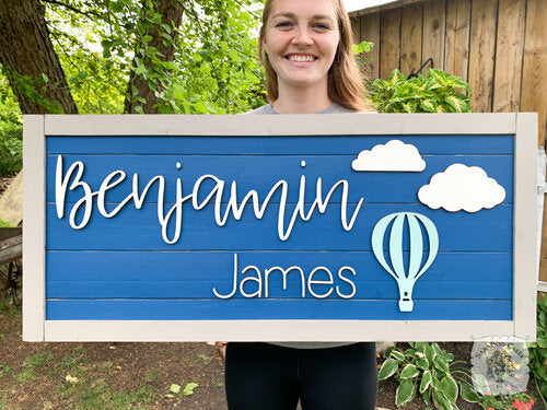 Rectangle Thin Framed Two Name Sign with Hot Air Balloon