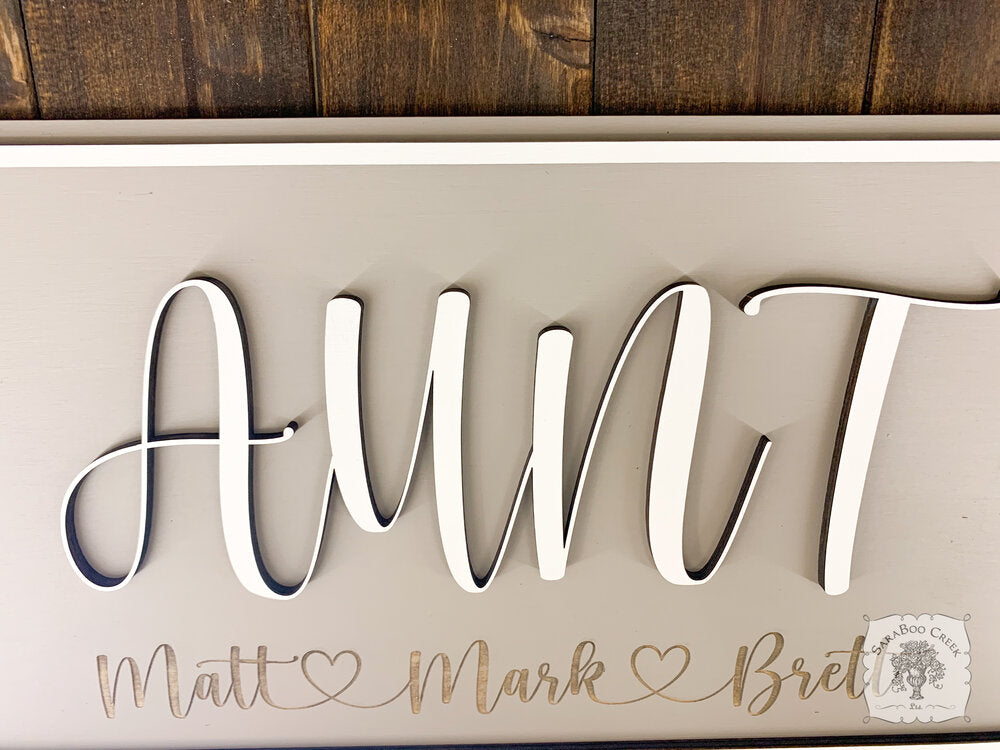 Aunt with Cursive Heart Names Underneath & Heart Border Sign