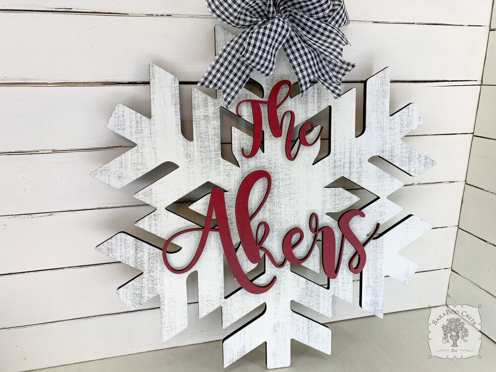 20" Snowflake Door Hanger Stained or Rustic White - Customize with Wood Word or Initial