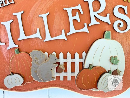 Fall Pumpkin Door Hanger w/ Fence & Squirrel - Personalized with Family Last Name