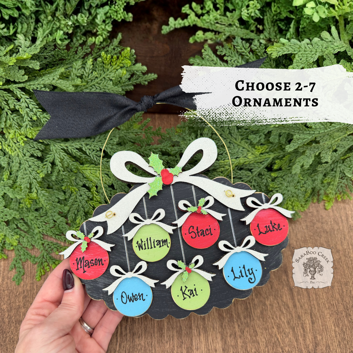 Family, Grandchildren. or Group Personalized Christmas Ornament w/ 2-7 Layered Ball Ornaments topped w/ Wood Bows