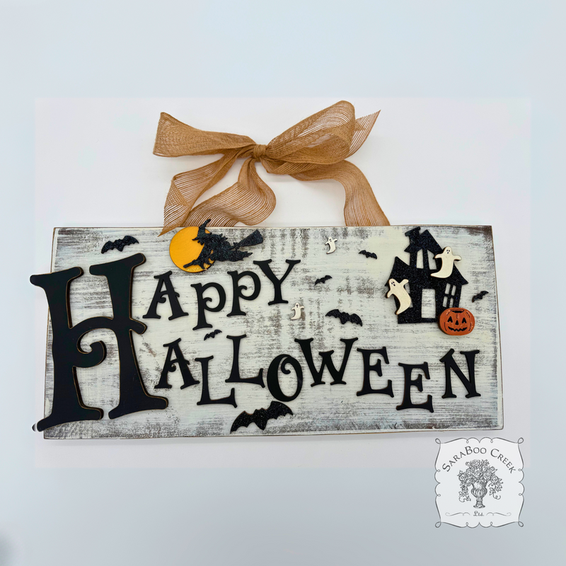 Happy Halloween Scene Rustic Wood Sign