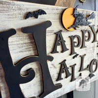 Happy Halloween Scene Rustic Wood Sign