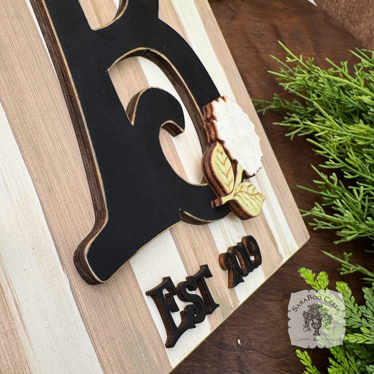 Striped Tabletop Plaque with Initial and Hydrangea Flower Decoration