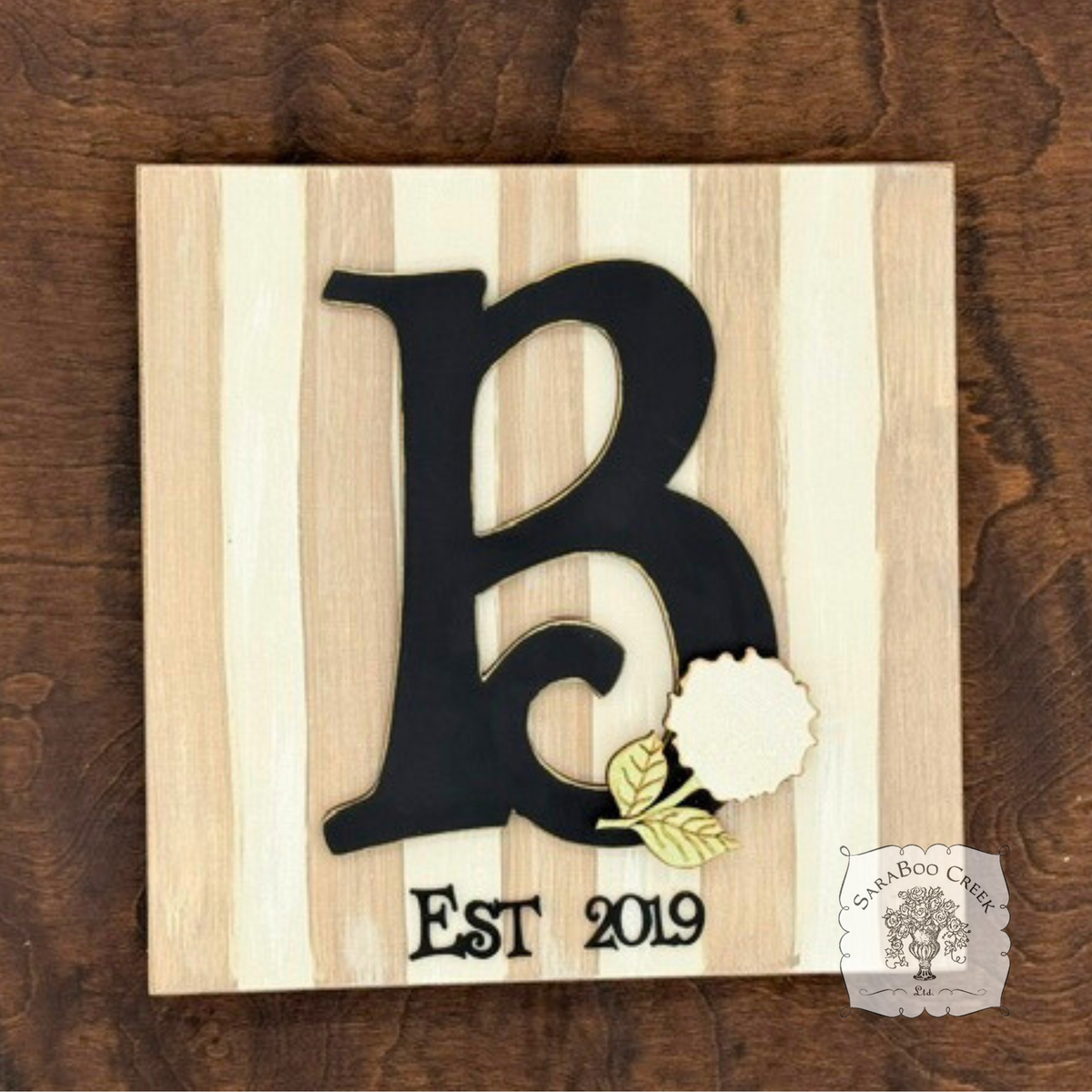 Striped Tabletop Plaque with Initial and Hydrangea Flower Decoration