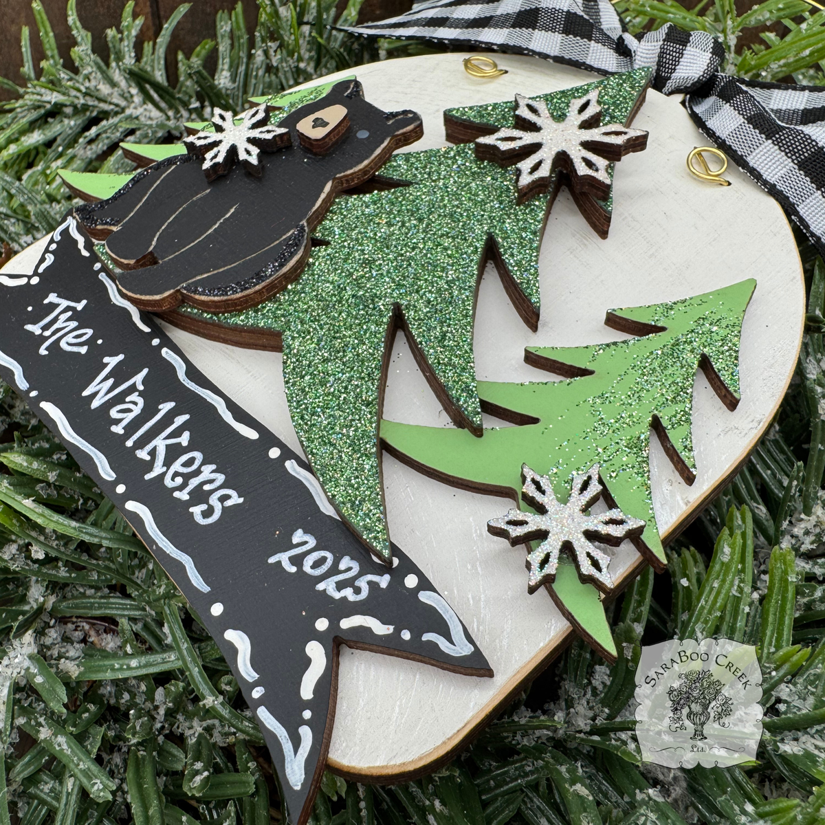 Personalized Black Bear Ornament; Handmade Layered Bear in the Woods Winter Scene