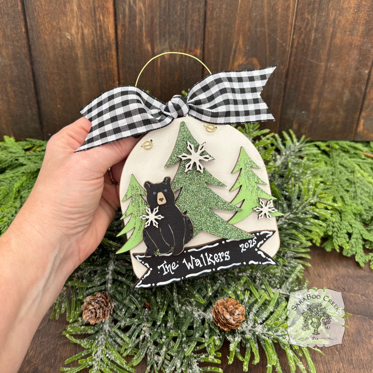 Personalized Black Bear Ornament; Handmade Layered Bear in the Woods Winter Scene