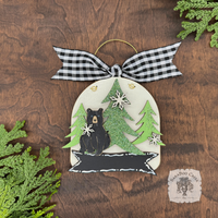 Personalized Black Bear Ornament; Handmade Layered Bear in the Woods Winter Scene