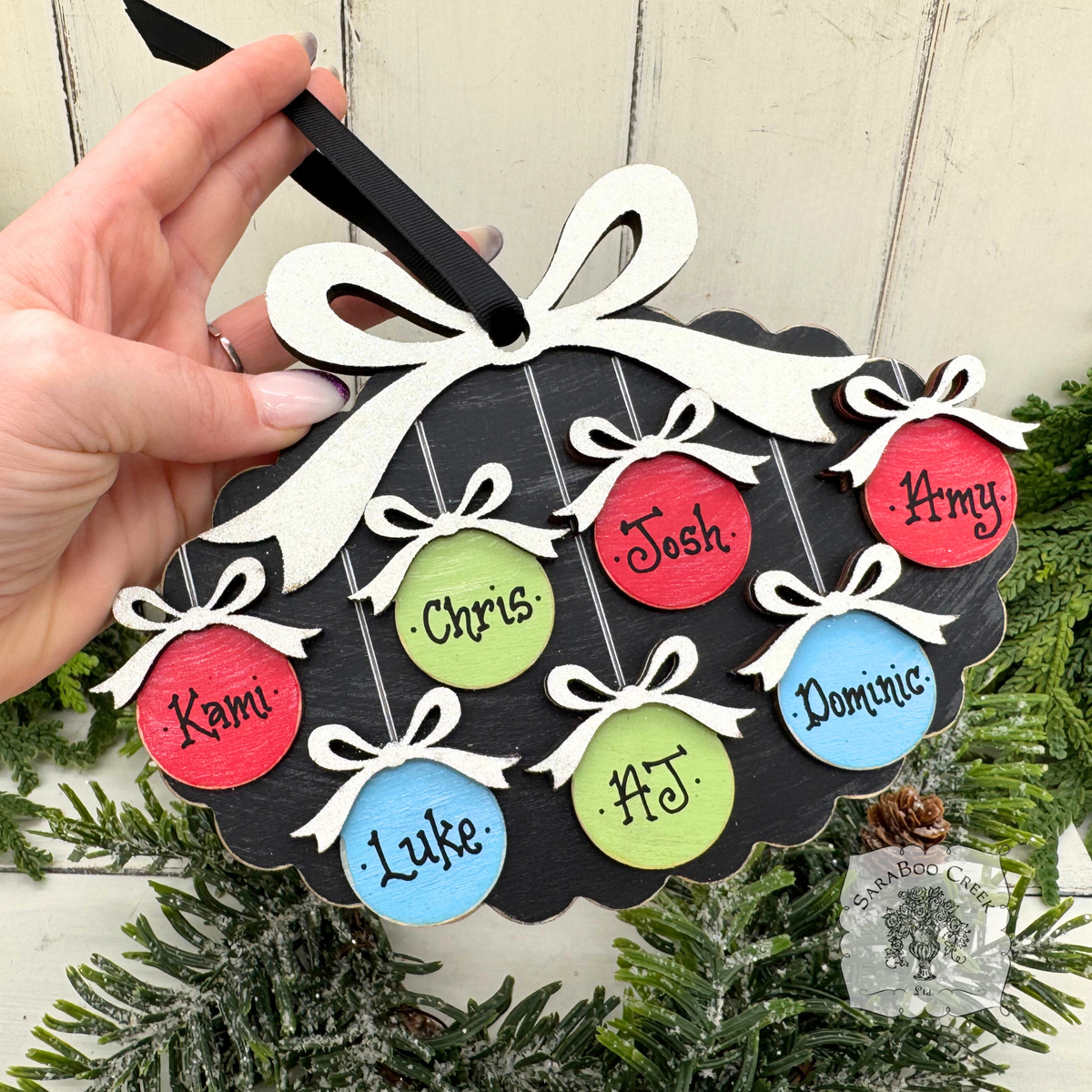 Family, Grandchildren. or Group Personalized Christmas Ornament w/ 2-7 Layered Ball Ornaments topped w/ Wood Bows