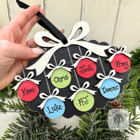 Family, Grandchildren. or Group Personalized Christmas Ornament w/ 2-7 Layered Ball Ornaments topped w/ Wood Bows