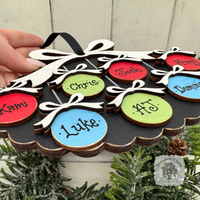 Family, Grandchildren. or Group Personalized Christmas Ornament w/ 2-7 Layered Ball Ornaments topped w/ Wood Bows