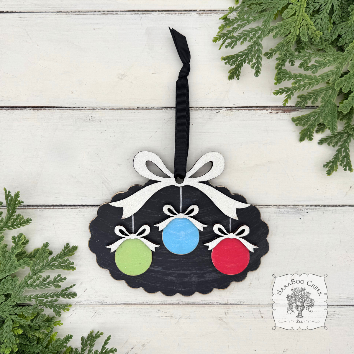 Family, Grandchildren. or Group Personalized Christmas Ornament w/ 2-7 Layered Ball Ornaments topped w/ Wood Bows