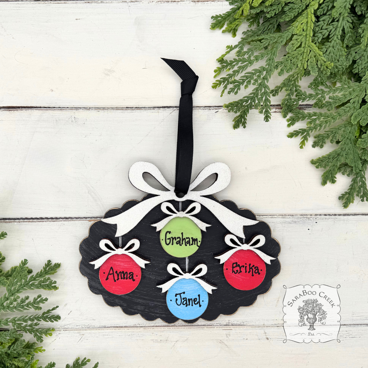Family, Grandchildren. or Group Personalized Christmas Ornament w/ 2-7 Layered Ball Ornaments topped w/ Wood Bows