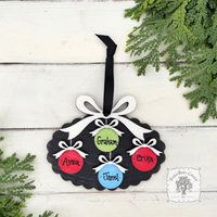 Family, Grandchildren. or Group Personalized Christmas Ornament w/ 2-7 Layered Ball Ornaments topped w/ Wood Bows