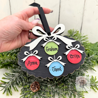 Family, Grandchildren. or Group Personalized Christmas Ornament w/ 2-7 Layered Ball Ornaments topped w/ Wood Bows