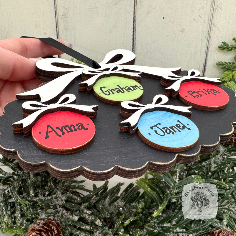 Family, Grandchildren. or Group Personalized Christmas Ornament w/ 2-7 Layered Ball Ornaments topped w/ Wood Bows
