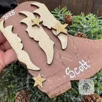 Personalized Cowboy Boots Ornament; Pair of Brown Western Boots with Gold Stars