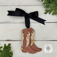 Personalized Cowboy Boots Ornament; Pair of Brown Western Boots with Gold Stars