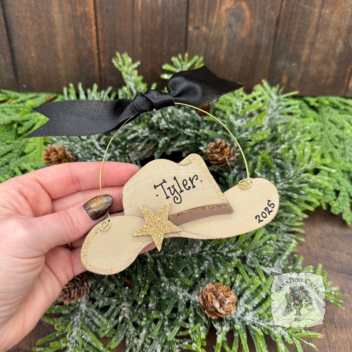 Cowboy Hat Ornament; Personalized, Wood Western Christmas Ornament