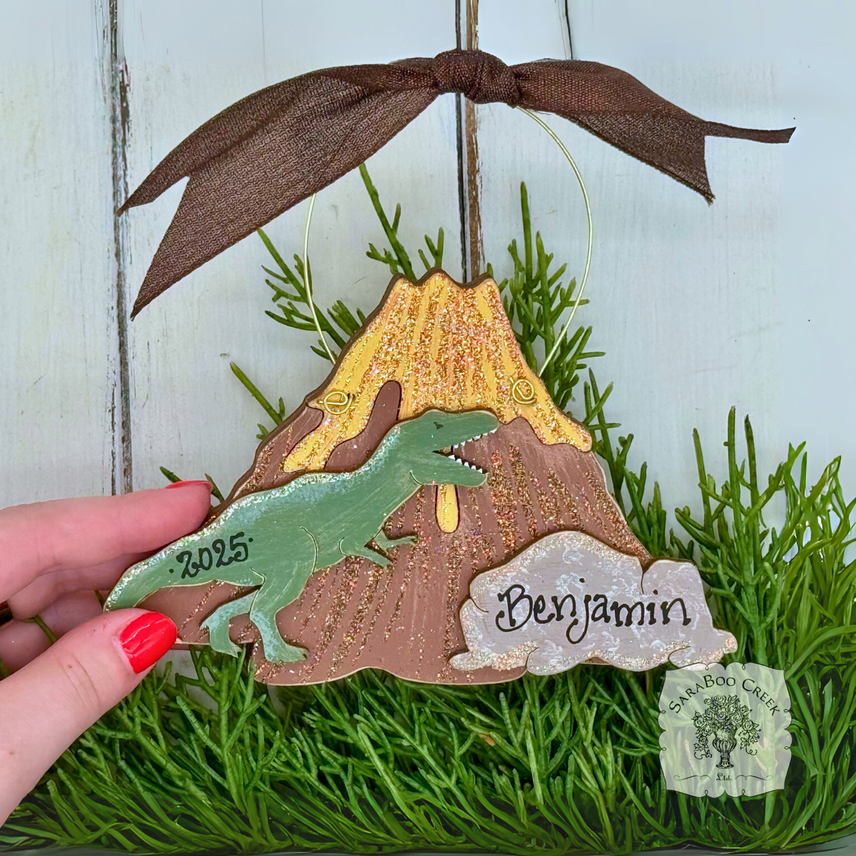 Tyrannosaurus Rex Dinosaur Ornament - Personalized Wood T-Rex Prehistoric Volcano