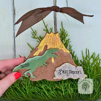 Tyrannosaurus Rex Dinosaur Ornament - Personalized Wood T-Rex Prehistoric Volcano