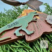 Tyrannosaurus Rex Dinosaur Ornament - Personalized Wood T-Rex Prehistoric Volcano