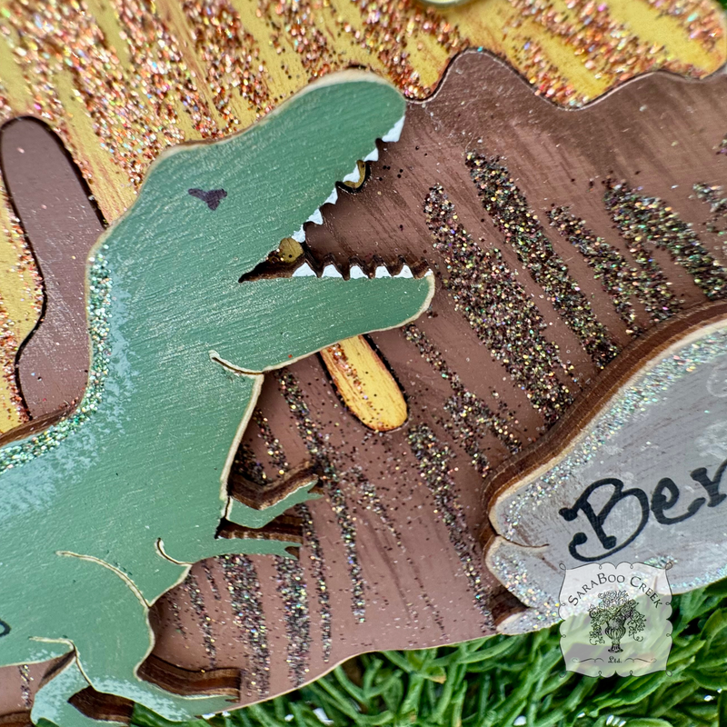 Tyrannosaurus Rex Dinosaur Ornament - Personalized Wood T-Rex Prehistoric Volcano